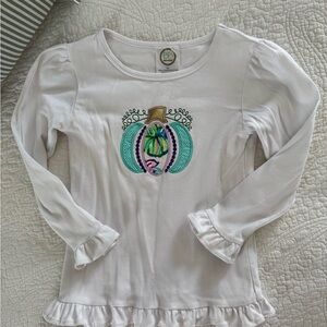 Charming White Long Sleeve Kids Tee with Lilly Pumpkin Design Size 10